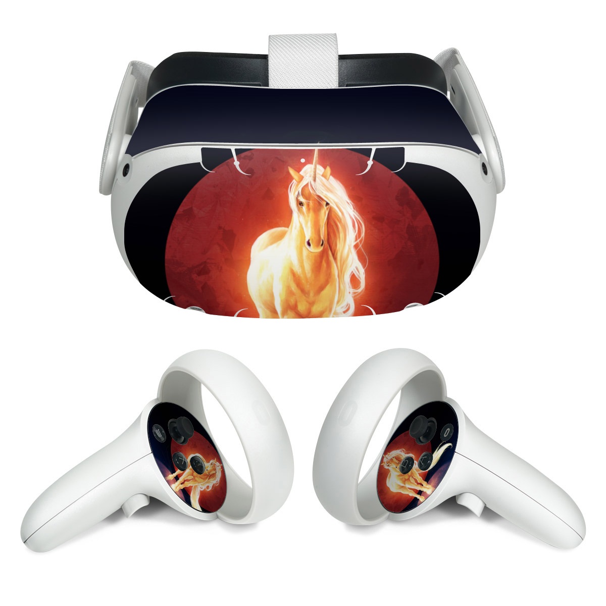 Meta Quest 2 Skin design of Hair, Horse, Human body, Jaw, Art, Entertainment, Heat, Neon, Flame, Tail, with black, red, orange, yellow, white, purple colors