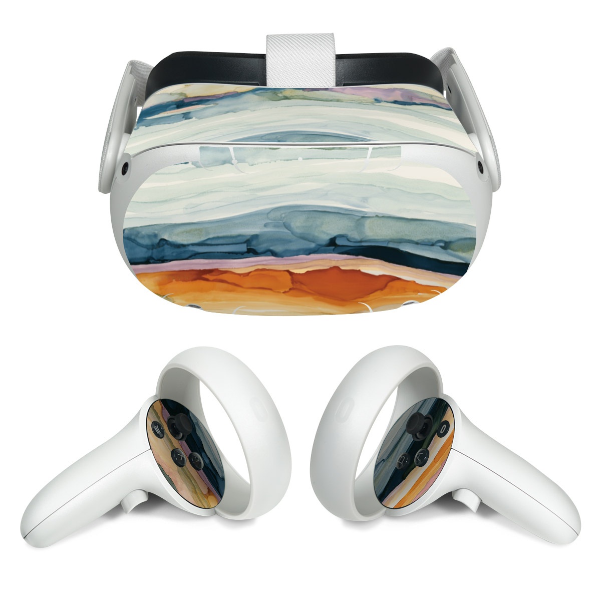 Meta Quest 2 Skin design of Watercolor paint, Painting, Sky, Wave, Geology, Landscape, Pattern, Acrylic paint, Cloud, Paint, with blue, purple, orange, yellow, red, green, brown colors