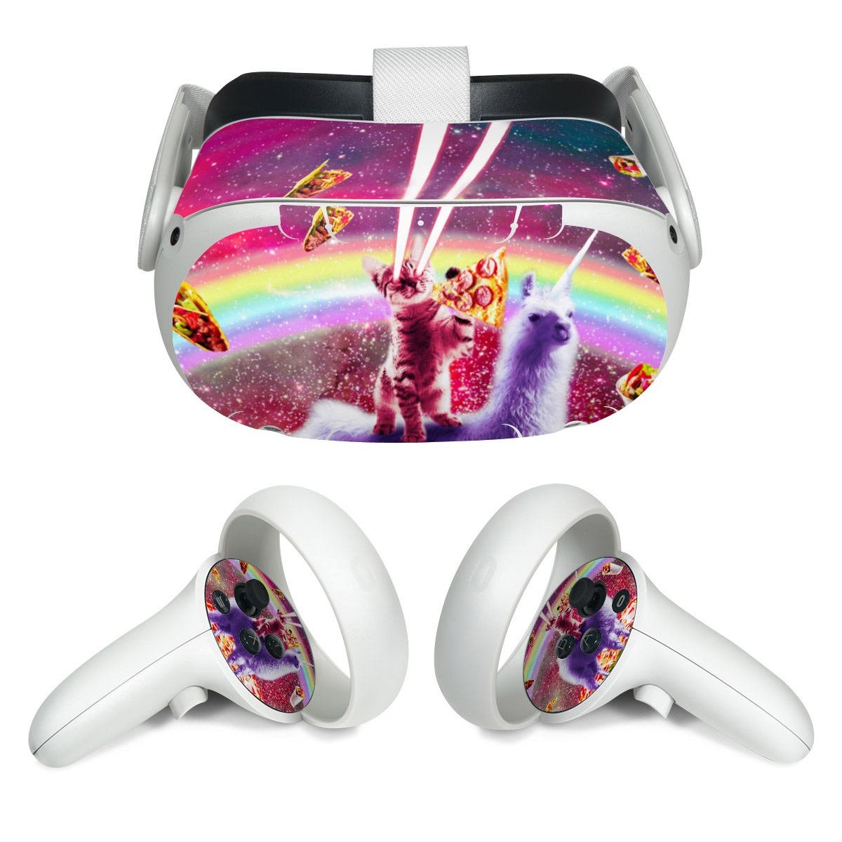 Meta Quest 2 Skin design of Llama, Unicorn, Fictional character, Illustration, Graphic design, Livestock, Camelid, Mythical creature, Graphics, Art, with red, white, yellow, gray, purple, blue, green colors