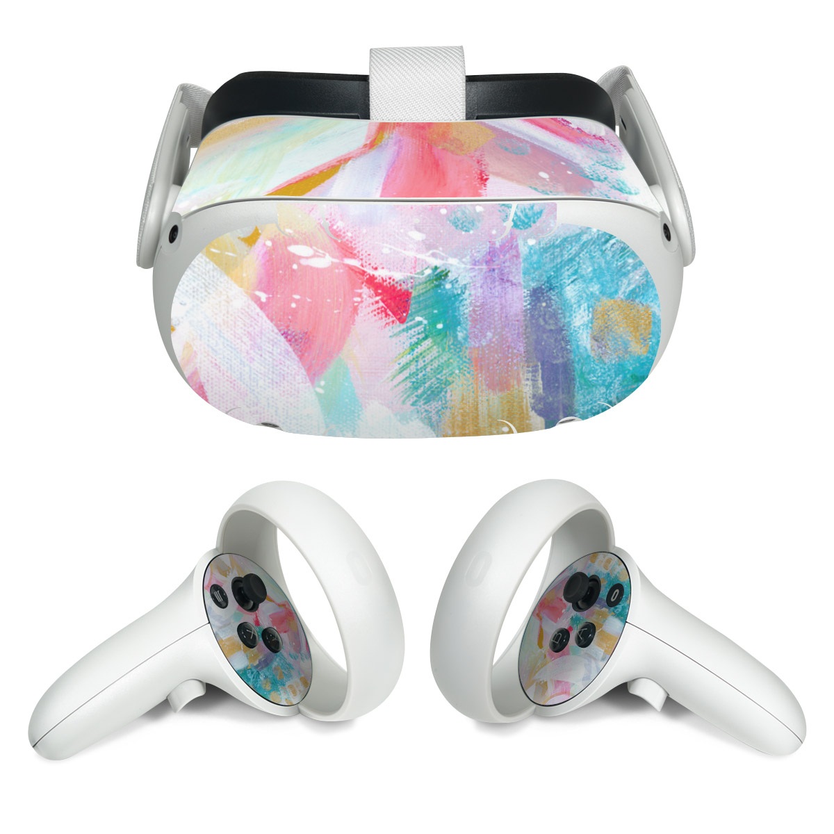 Meta Quest 2 Skin design of Colorfulness, Art paint, Paint, Pink, Creative arts, Art, Aqua, Magenta, Tints and shades, Font, with white, blue, pink, purple, green, yellow colors