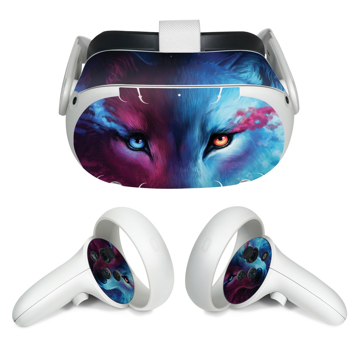 Meta Quest 2 Skin design of Dog, Carnivore, Organism, Iris, Painting, Art, Whiskers, Cg artwork, Electric blue, Space, with black, blue, purple, red colors