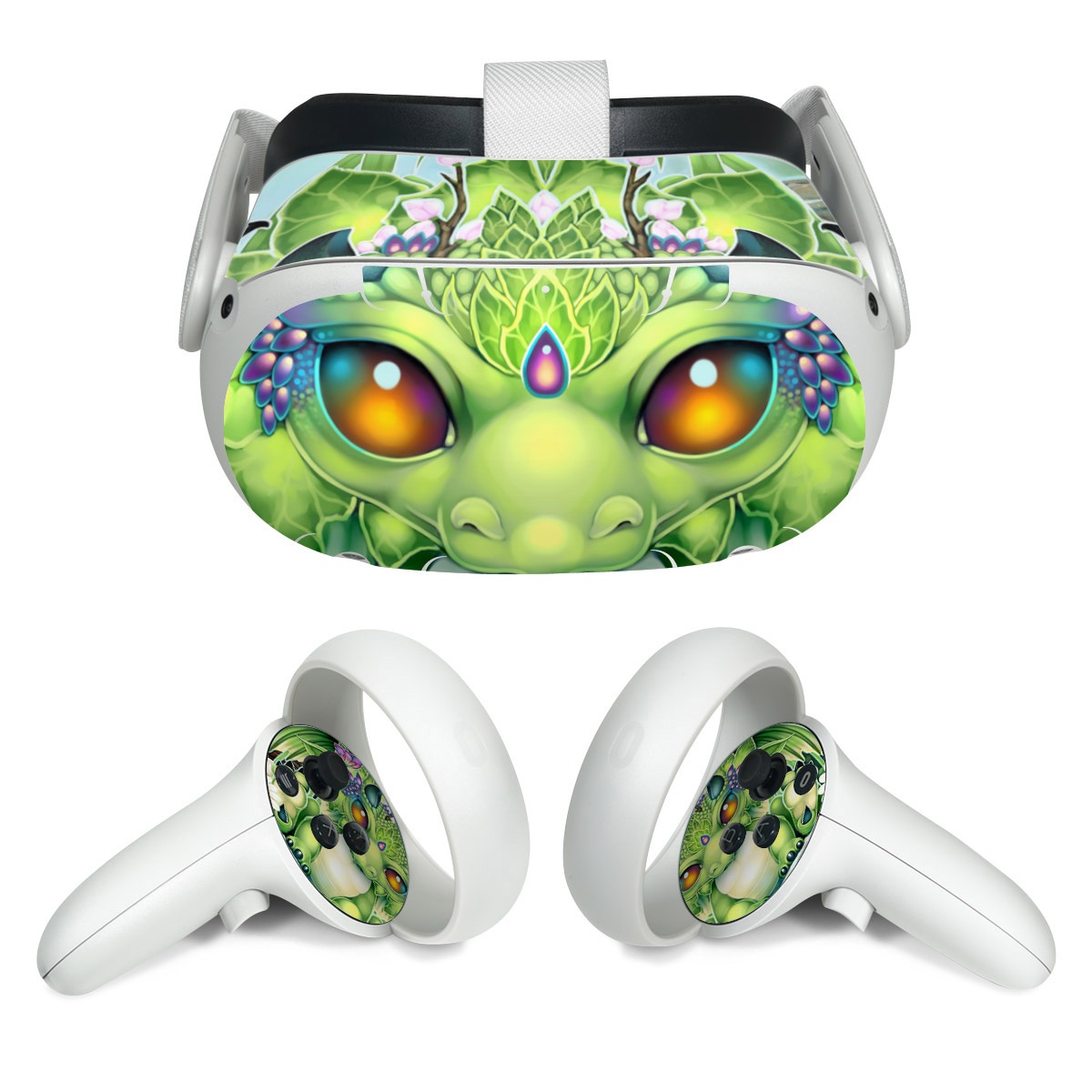 Meta Quest 2 Skin design of Plant, Green, Leaf, Natural environment, Flower, Terrestrial plant, Grass, Creative arts, People in nature, Art, with green, white, yellow, brown, blue colors