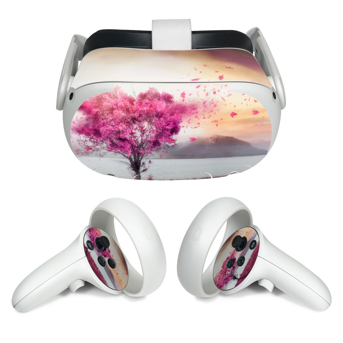 Meta Quest 2 Skin design of Sky, Nature, Natural landscape, Pink, Tree, Spring, Purple, Landscape, Cloud, Magenta, with pink, yellow, blue, black, gray colors