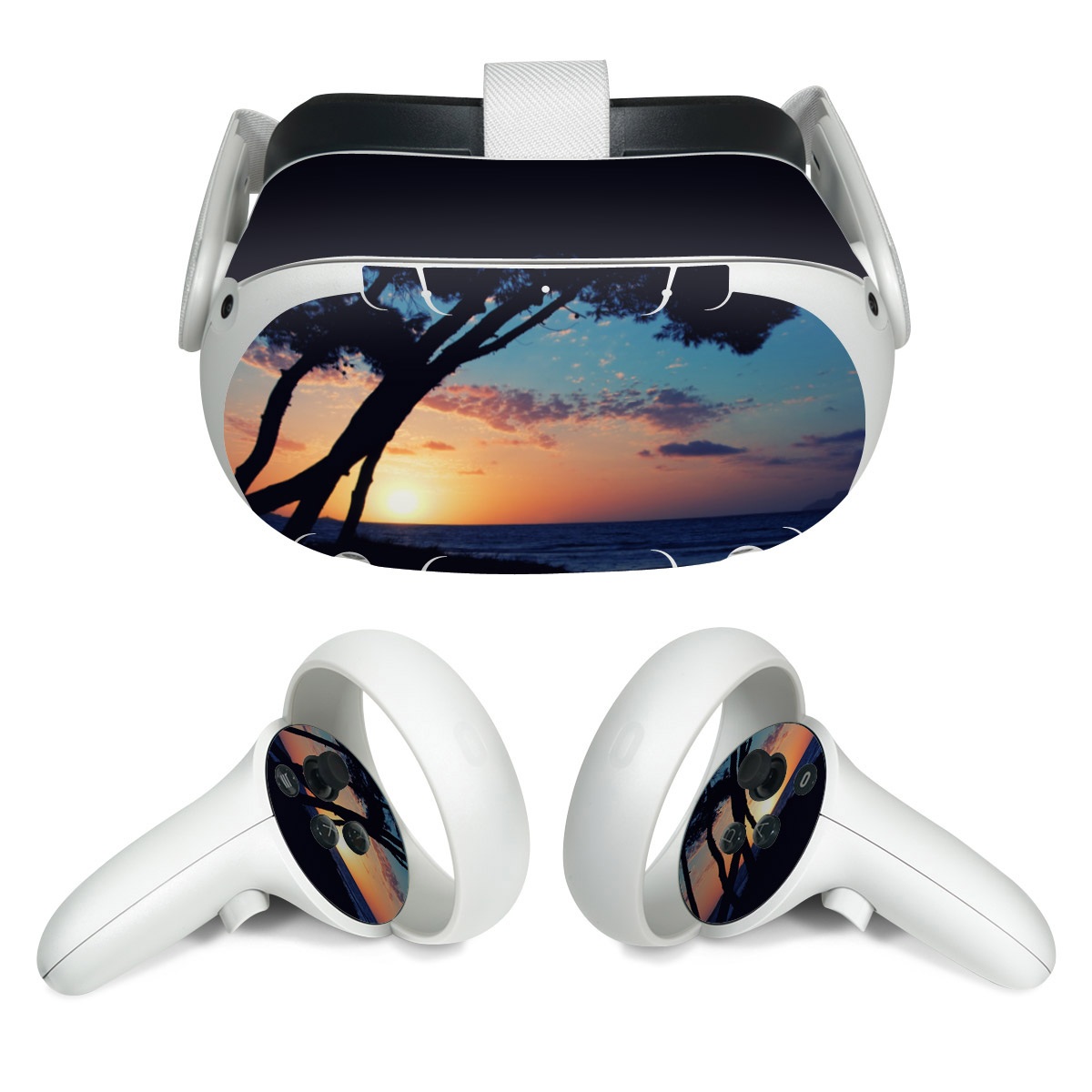 Meta Quest 2 Skin design of Sky, Horizon, Nature, Tree, Sunset, Sunrise, Ocean, Sea, Natural landscape, Afterglow, with black, gray, blue, green, red, pink colors