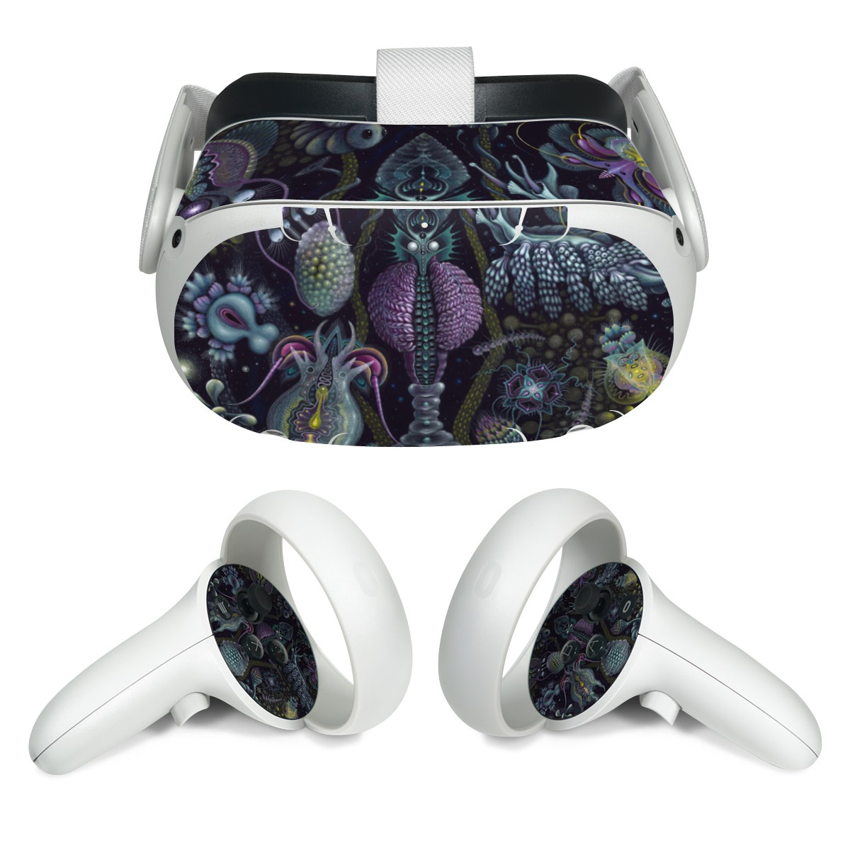 Meta Quest 2 Skin design of Organism, Pattern, Art, Illustration, Fractal art, Psychedelic art, Design, Visual arts, Plant, Modern art, with black, green, purple, pink, yellow, blue colors