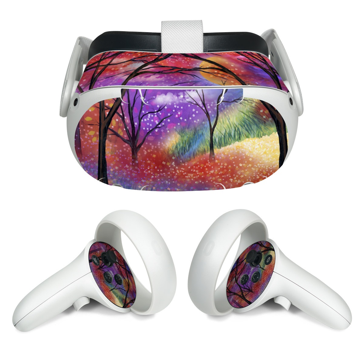 Meta Quest 2 Skin design of Nature, Tree, Natural landscape, Painting, Watercolor paint, Branch, Acrylic paint, Purple, Modern art, Leaf, with red, purple, black, gray, green, blue colors