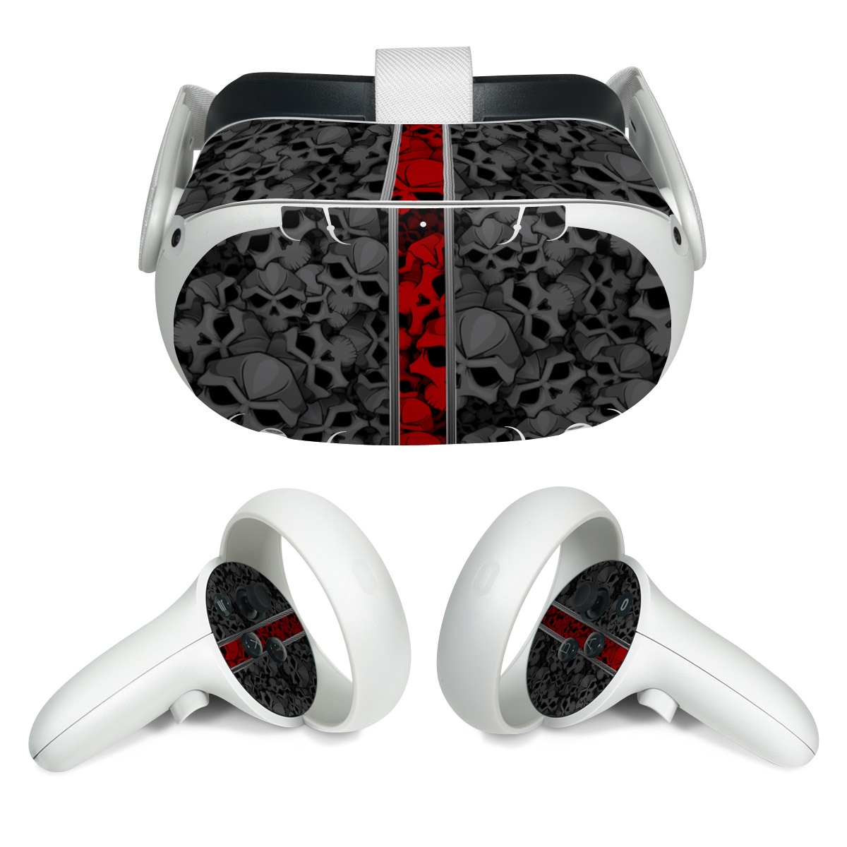 Meta Quest 2 Skin design of Font, Text, Pattern, Design, Graphic design, Black-and-white, Monochrome, Graphics, Illustration, Art, with black, red, gray colors