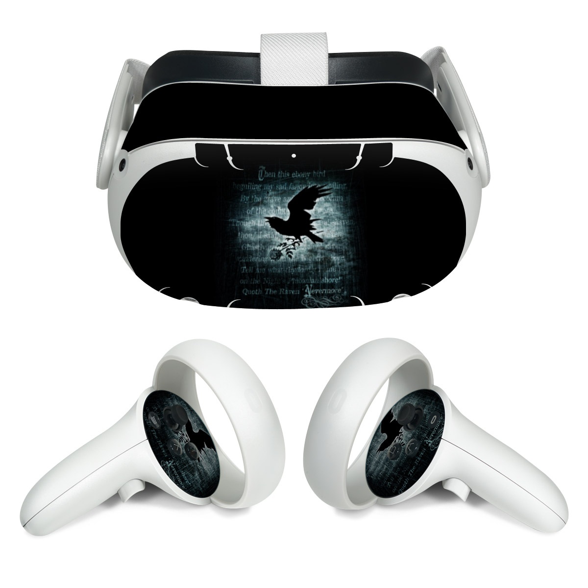 Meta Quest 2 Skin design of Bird, Text, Wing, Graphic design, Darkness, Font, Illustration, Graphics, with black, white, blue colors