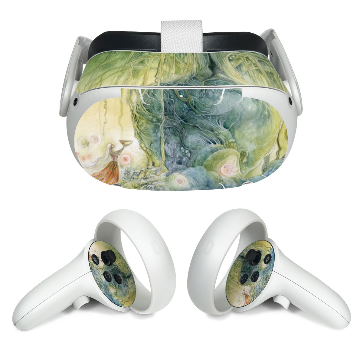 Meta Quest 2 Skin design of Green, Watercolor paint, Painting, Water, Art, Illustration, Grass, Tree, Plant, Fictional character, with blue, green, red, yellow colors