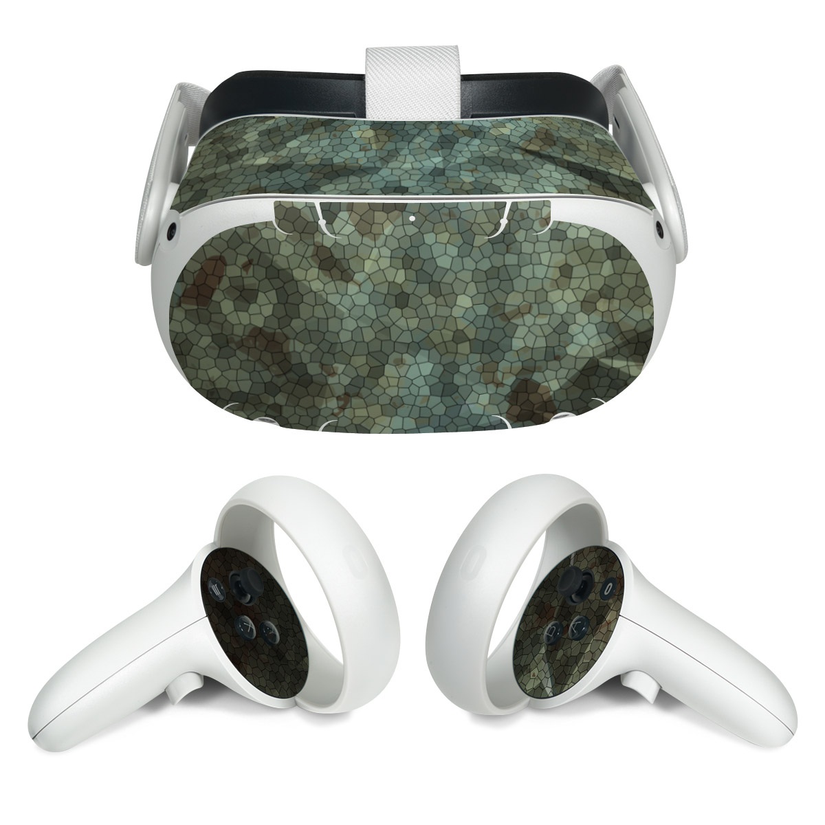 Meta Quest 2 Skin design of Green, Pattern, Brown, Wall, Design, Rock, Geology, Camouflage, Granite, Metal, with black, brown, blue, gray, white colors