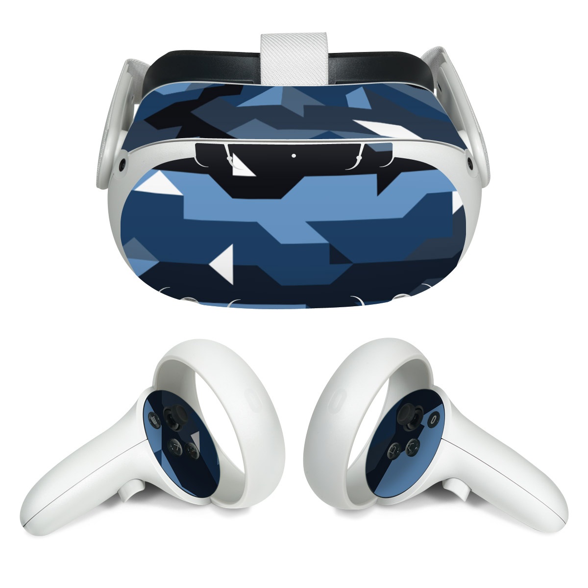 Meta Quest 2 Skin design of Blue, Pattern, Design, Font, Line, Camouflage, Illustration, Triangle, with blue, black, white, gray colors