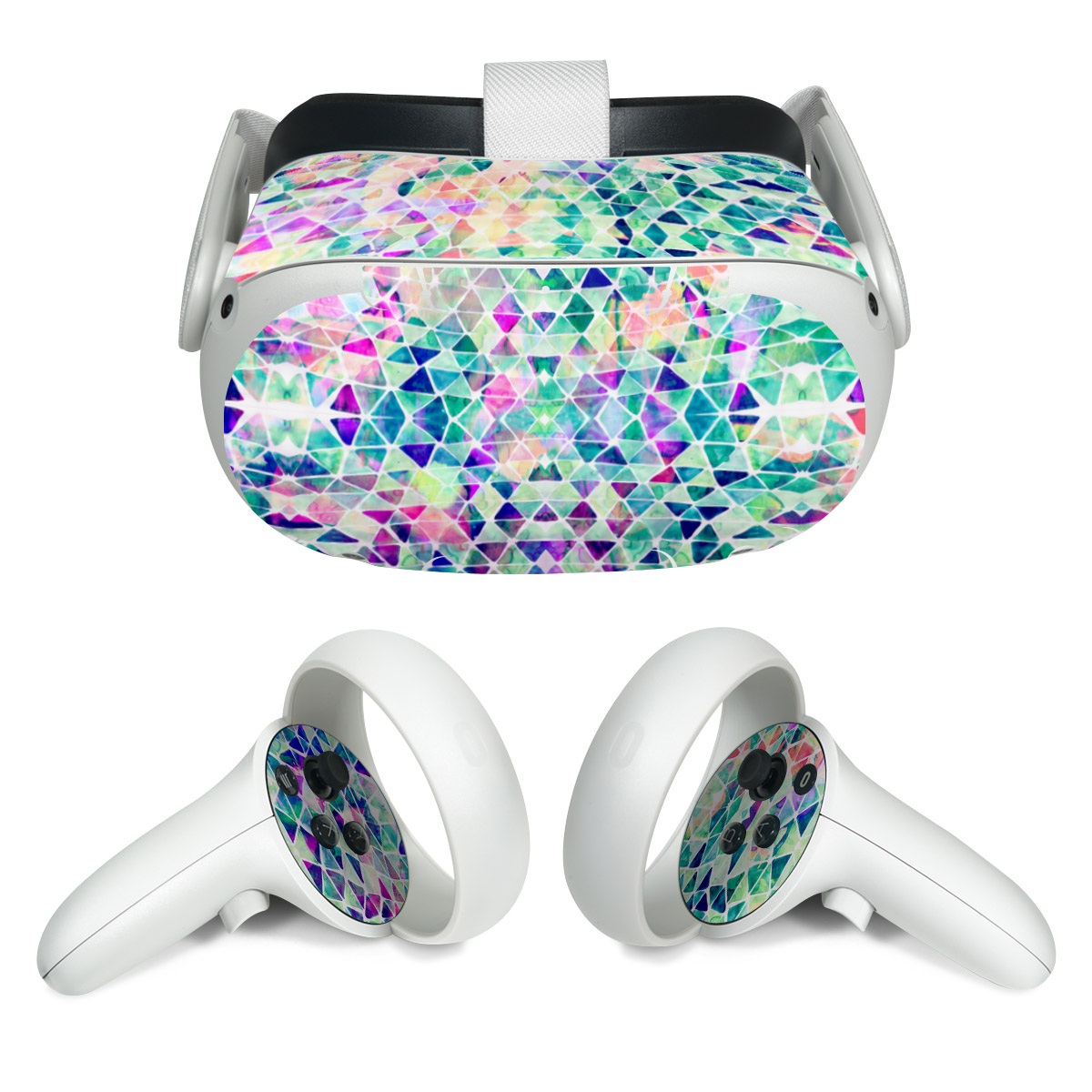 Meta Quest 2 Skin design of Pattern, Aqua, Line, Teal, Purple, Turquoise, Design, with white, blue, purple, orange, green colors
