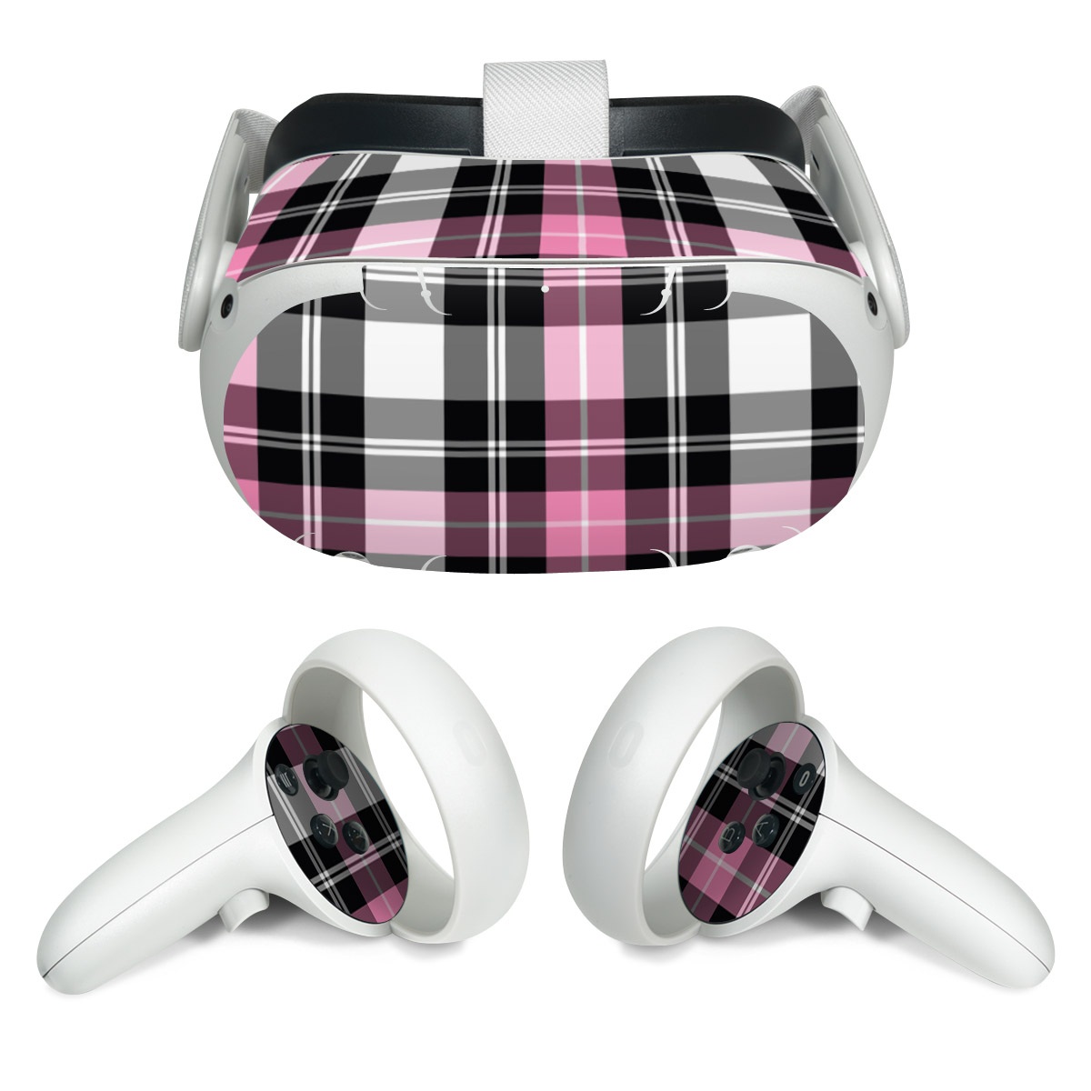 Meta Quest 2 Skin design of Plaid, Tartan, Pattern, Pink, Purple, Violet, Line, Textile, Magenta, Design, with black, gray, pink, red, white, purple colors