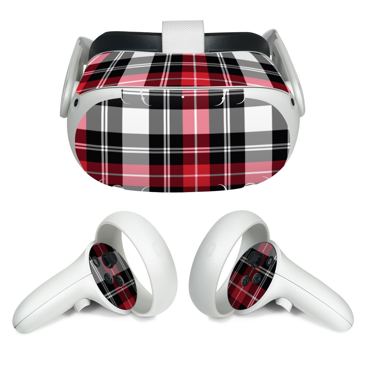Meta Quest 2 Skin design of Plaid, Tartan, Pattern, Red, Textile, Design, Line, Pink, Magenta, Square, with black, gray, pink, red, white colors