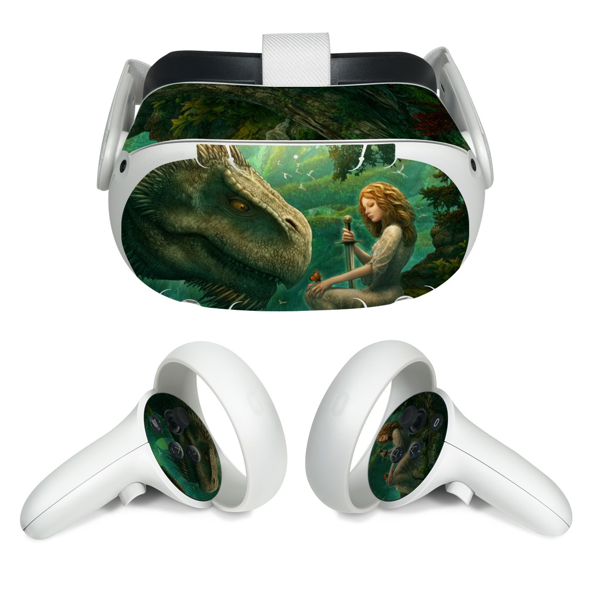 Meta Quest 2 Skin design of Dinosaur, Cg artwork, Mythology, Fictional character, Troodon, Extinction, Velociraptor, Illustration, Animated cartoon, Tyrannosaurus, with black, green, gray, red colors