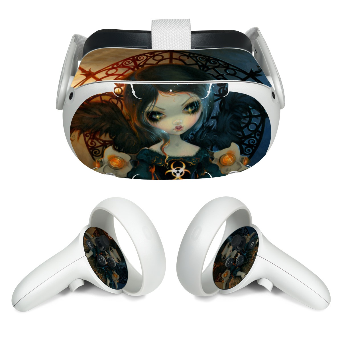 Meta Quest 2 Skin design of Doll, Head, Illustration, Eye, Cg artwork, Fictional character, Toy, Iris, Art, Mythology, with brown, red, black, orange, blue, yellow colors