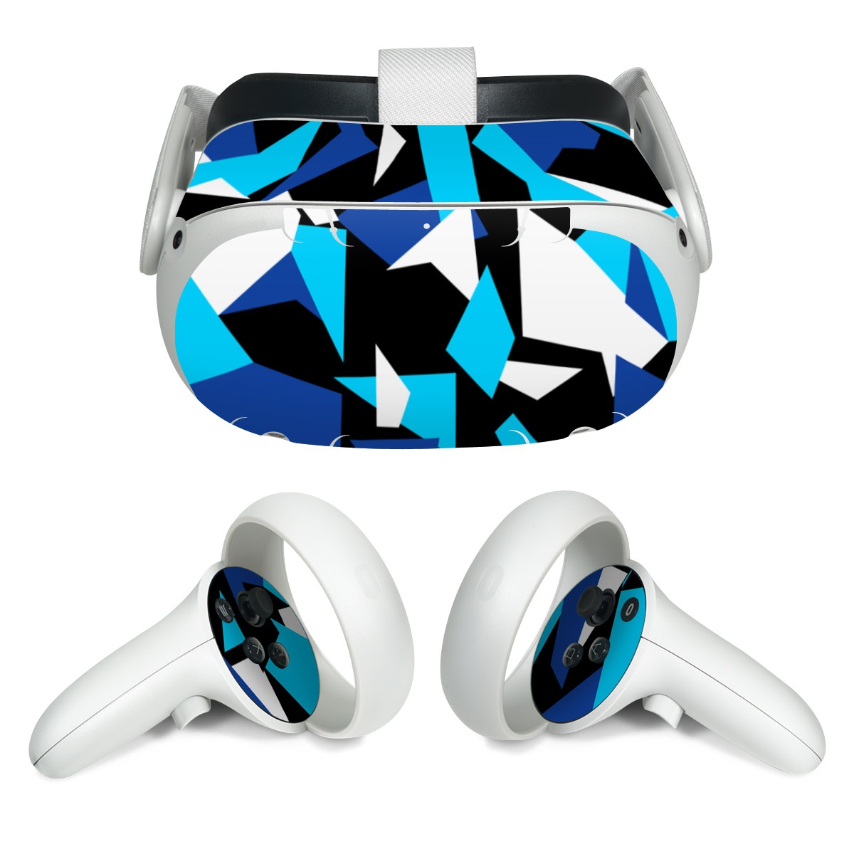 Meta Quest 2 Skin design of Blue, Pattern, Turquoise, Cobalt blue, Teal, Design, Electric blue, Graphic design, Triangle, Font, with blue, white, black colors