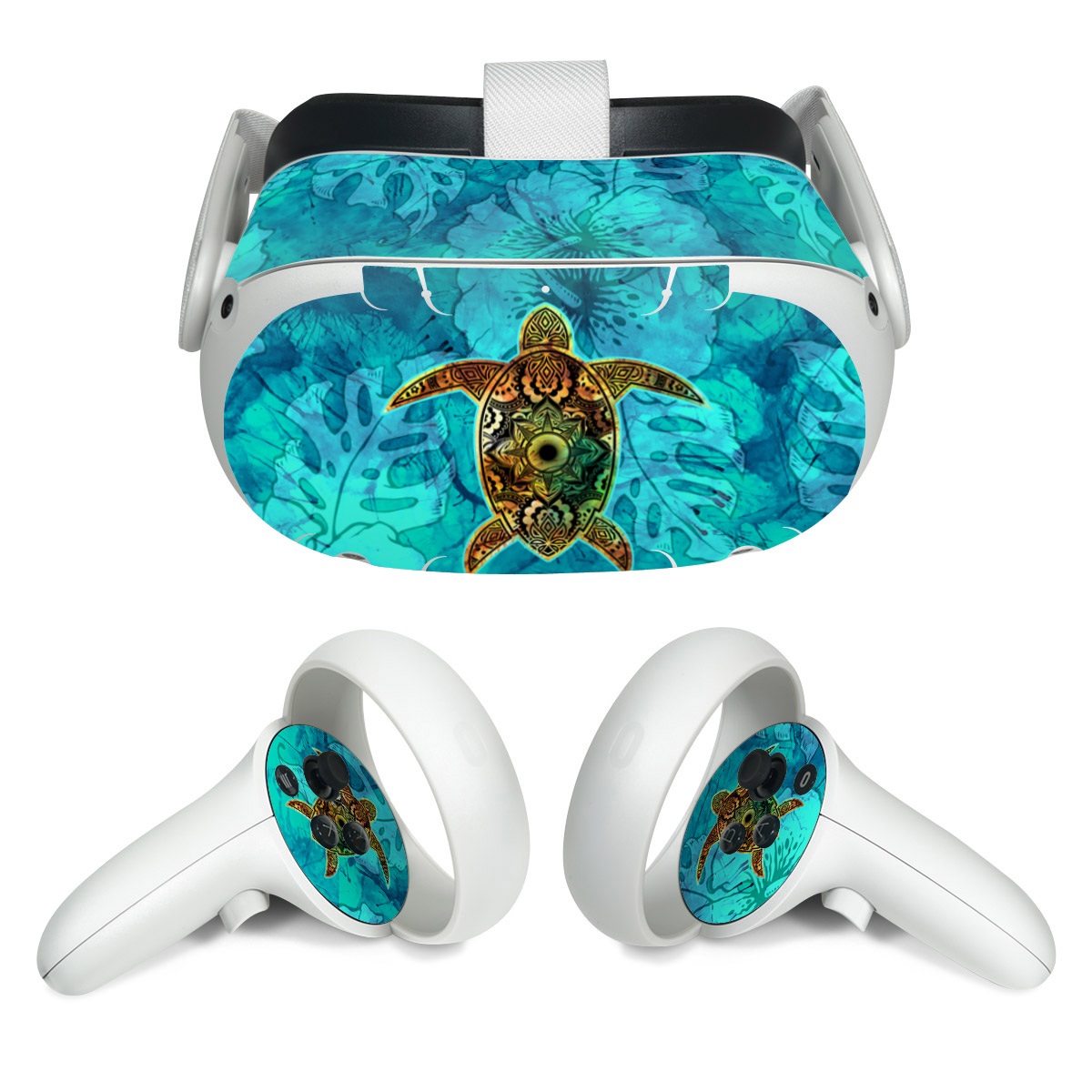 Meta Quest 2 Skin design of Sea turtle, Green sea turtle, Turtle, Hawksbill sea turtle, Tortoise, Reptile, Loggerhead sea turtle, Illustration, Art, Pattern, with blue, black, green, gray, red colors