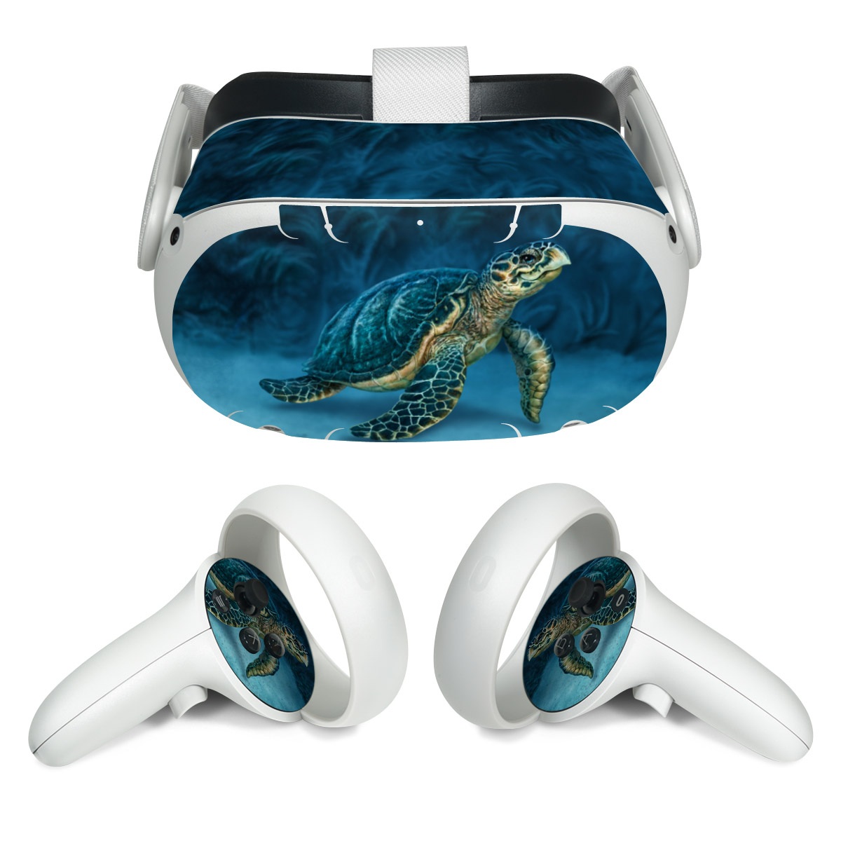 Meta Quest 2 Skin design of Water, Nature, Organism, Reptile, Turtle, Hawksbill sea turtle, Underwater, Wildlife, Sea turtle, Reef, with green, gray, blue, white colors