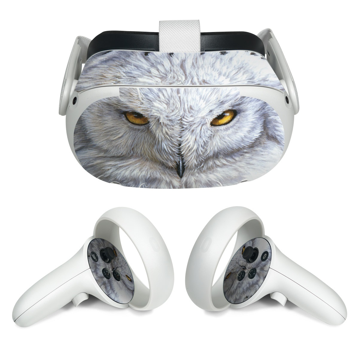 Meta Quest 2 Skin design of Owl, Bird, Bird of prey, Snowy owl, great grey owl, Close-up, Eye, Snout, Wildlife, Eastern Screech owl, with gray, white, black, blue, purple colors