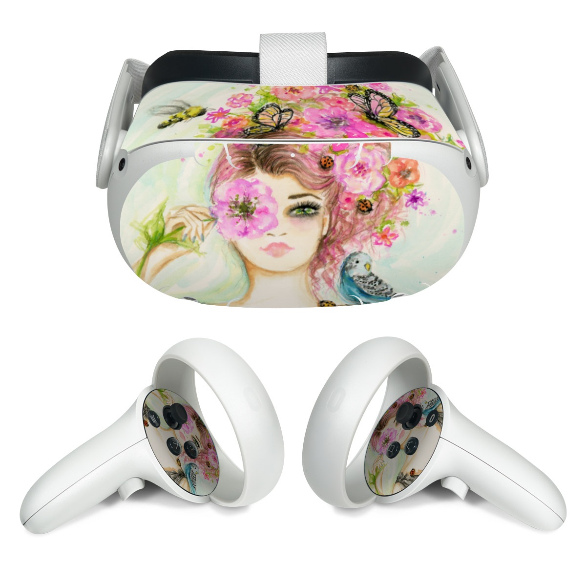 Meta Quest 2 Skin design of Face, Watercolor paint, Illustration, Pink, Head, Fashion illustration, Beauty, Art, Cheek, Painting, with white, pink, green, blue, yellow, red, brown colors