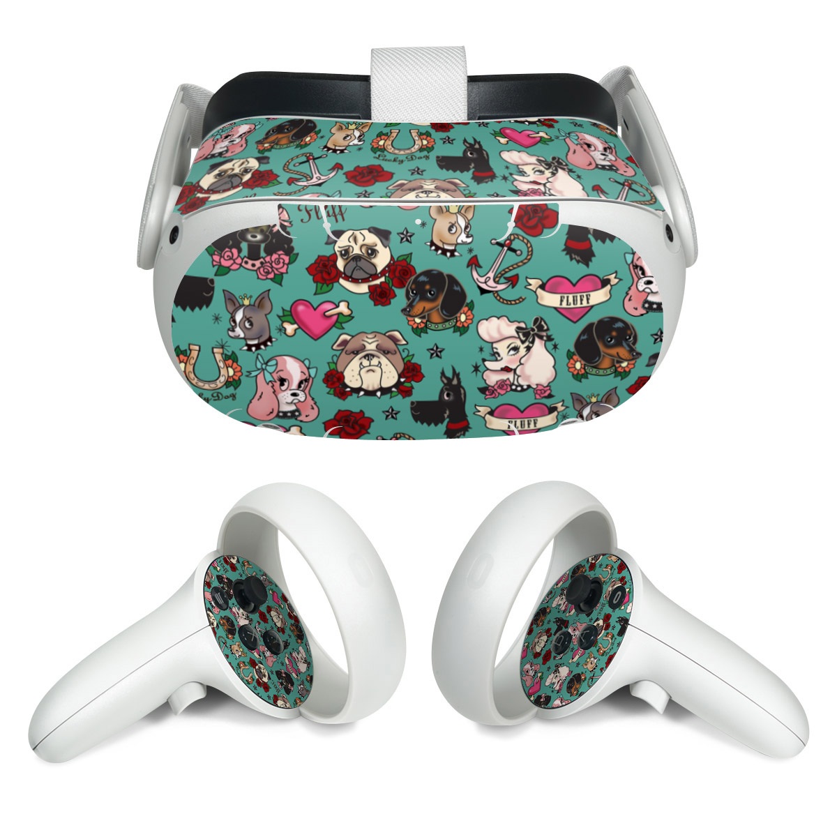 Meta Quest 2 Skin design of Cartoon, Pattern, Illustration, Design, Crowd, Textile, Art, with blue, brown, red, white, black, green, gray colors