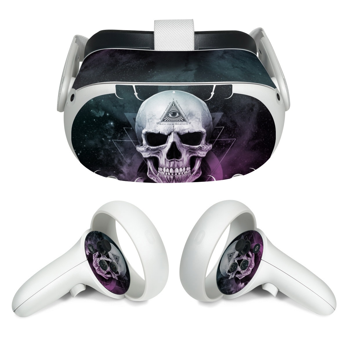 Meta Quest 2 Skin design of Skull, Bone, Illustration, Font, Jaw, Fictional character, Graphic design, Graphics, Art, with black, white, gray, purple colors