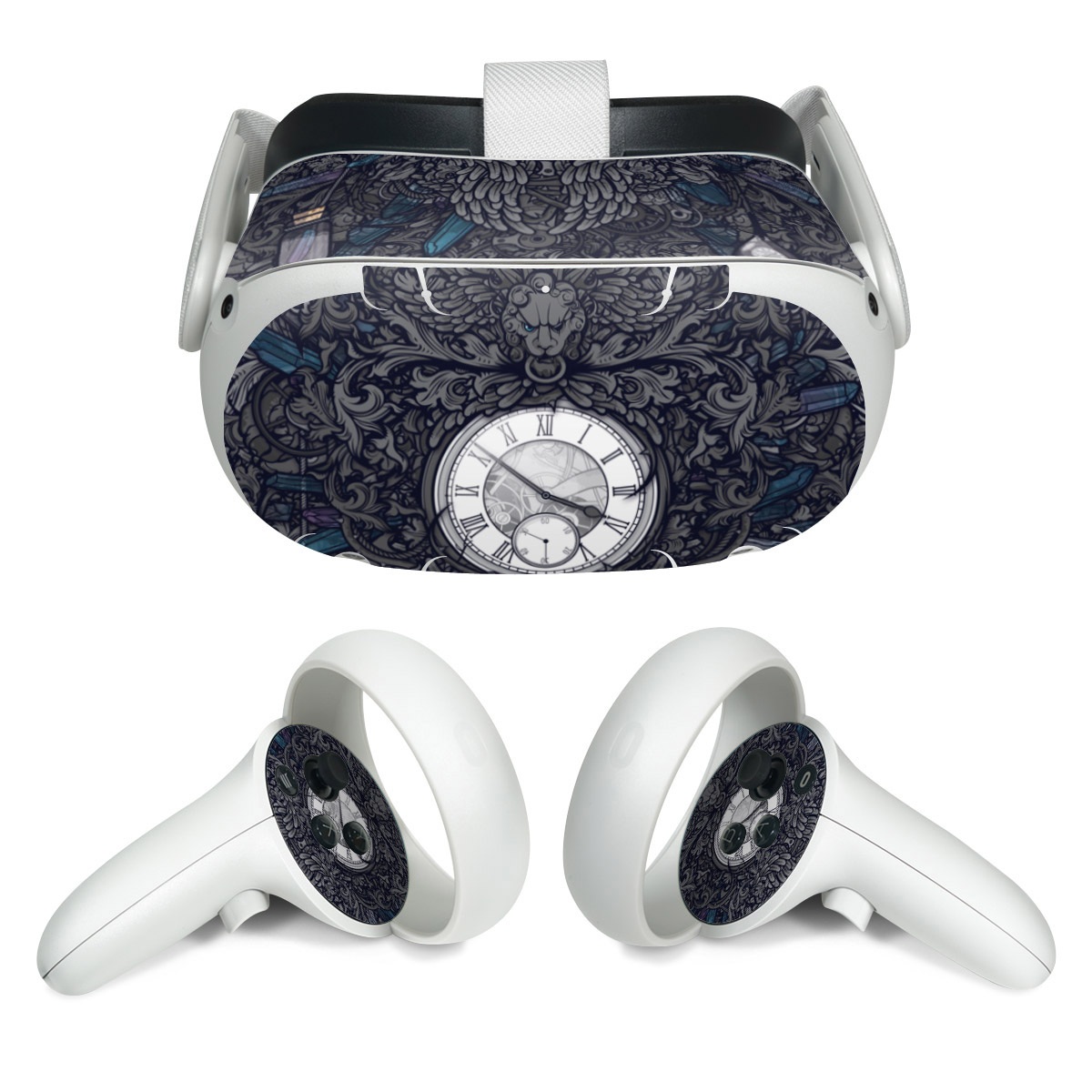 Meta Quest 2 Skin design of Blue, Pattern, Psychedelic art, Design, Circle, Art, Font, Graphic design, Visual arts, Illustration, with black, gray colors