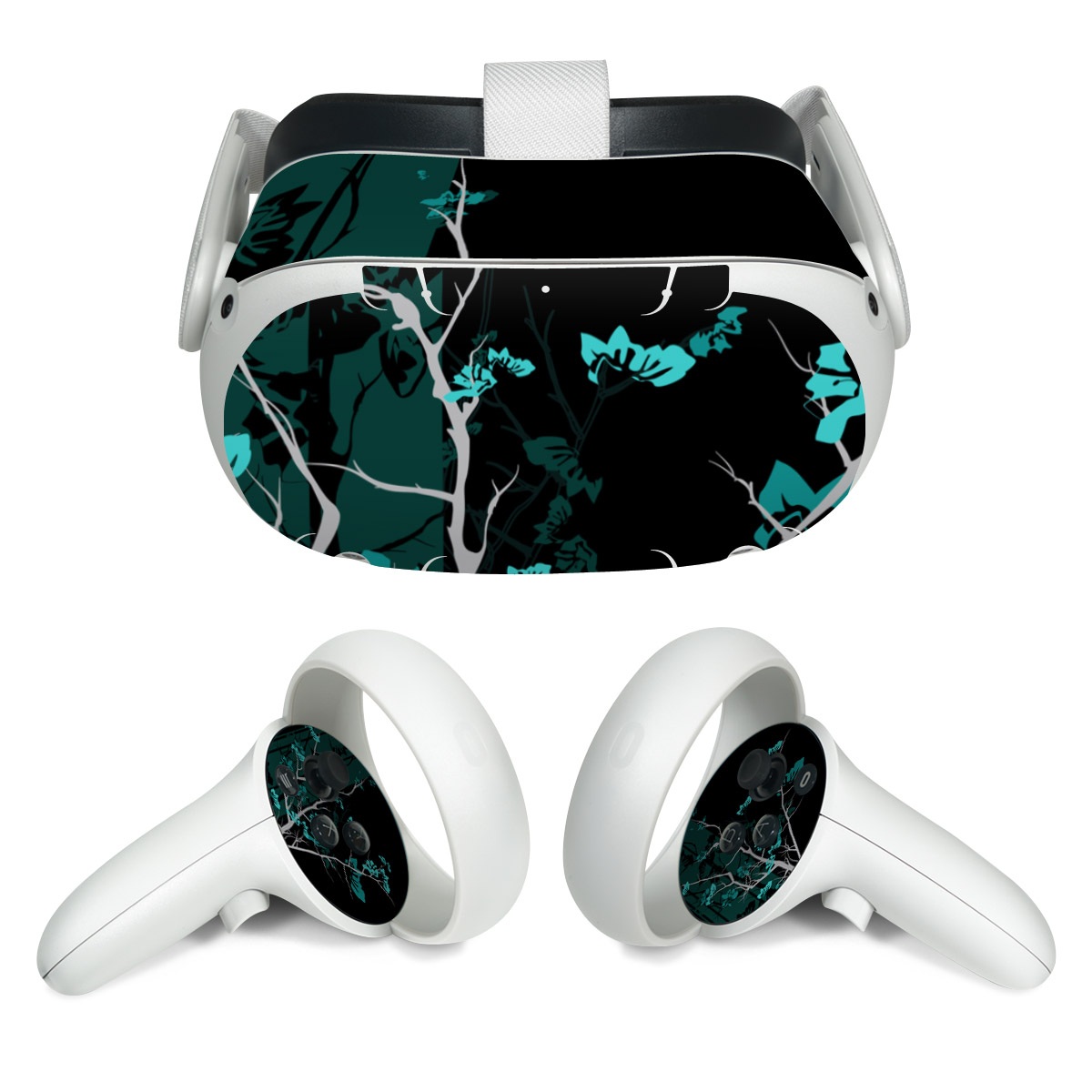 Meta Quest 2 Skin design of Branch, Black, Blue, Green, Turquoise, Teal, Tree, Plant, Graphic design, Twig, with black, blue, gray colors