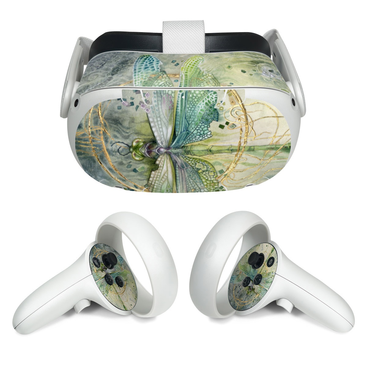 Meta Quest 2 Skin design of Green, Painting, Watercolor paint, Water, Acrylic paint, Leaf, Visual arts, Plant, Art, Photography, with green, yellow, blue, gray colors