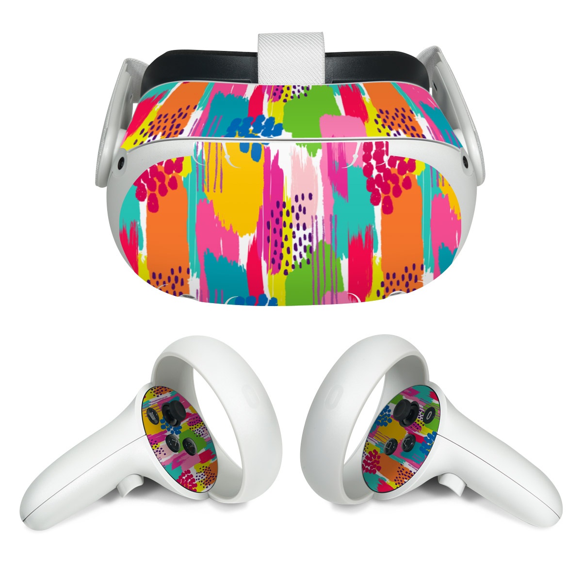 Meta Quest 2 Skin design of Colorfulness, Textile, Rectangle, Font, Line, Painting, Art, Magenta, Material property, Pattern, with white, pink, yellow, orange, blue, red colors