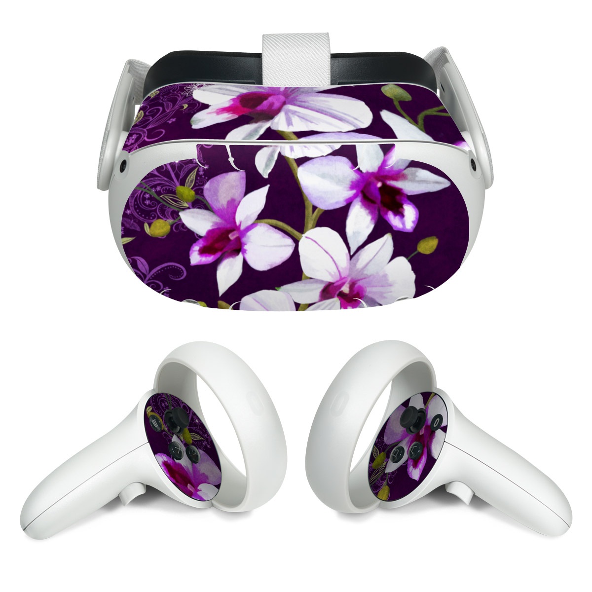 Meta Quest 2 Skin design of Flower, Purple, Petal, Violet, Lilac, Plant, Flowering plant, cooktown orchid, Botany, Wildflower, with black, gray, white, purple, pink colors