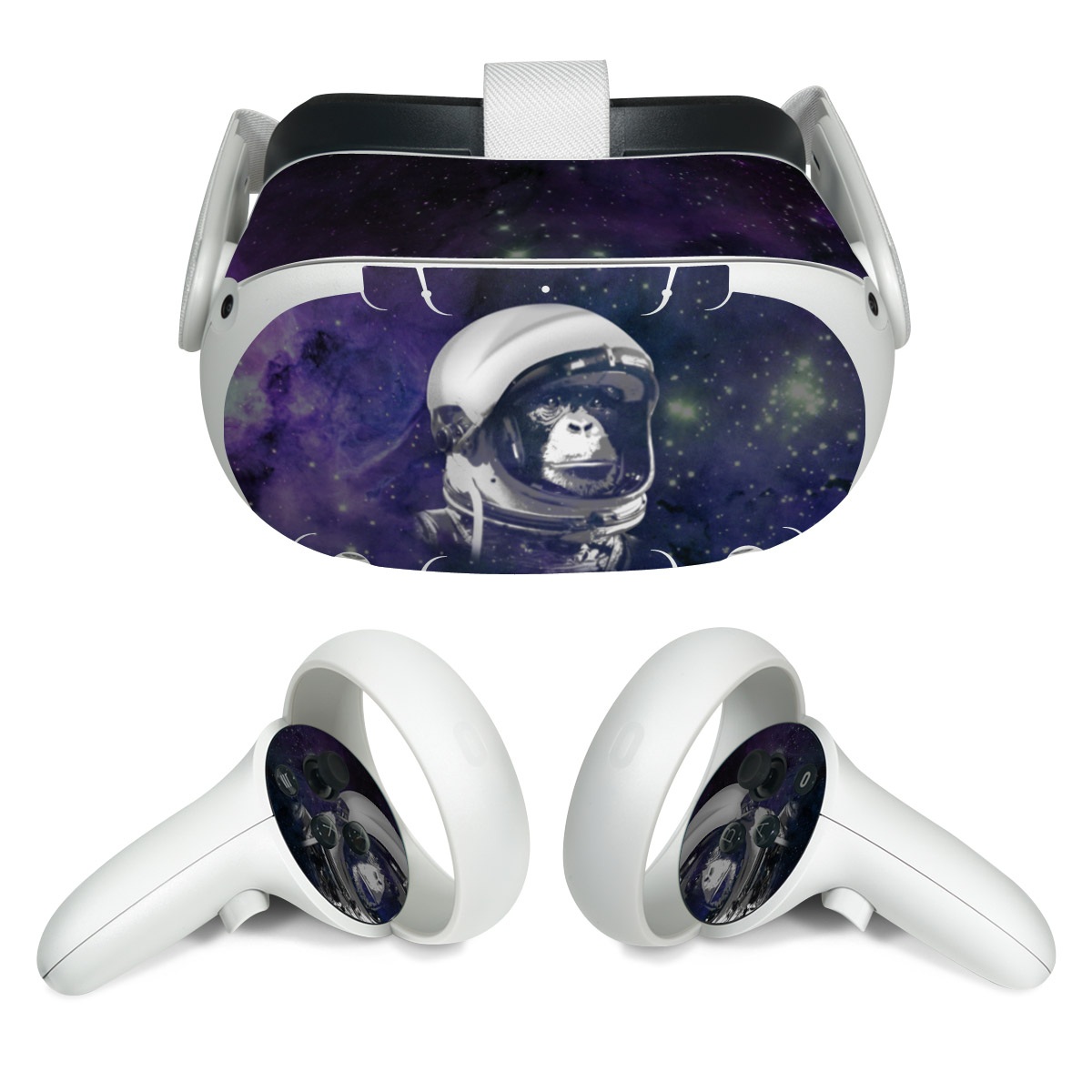 Meta Quest 2 Skin design of Helmet, Astronaut, Personal protective equipment, Illustration, Space, Outer space, Headgear, Fictional character, Sports gear, Football gear, with black, gray, blue, white colors