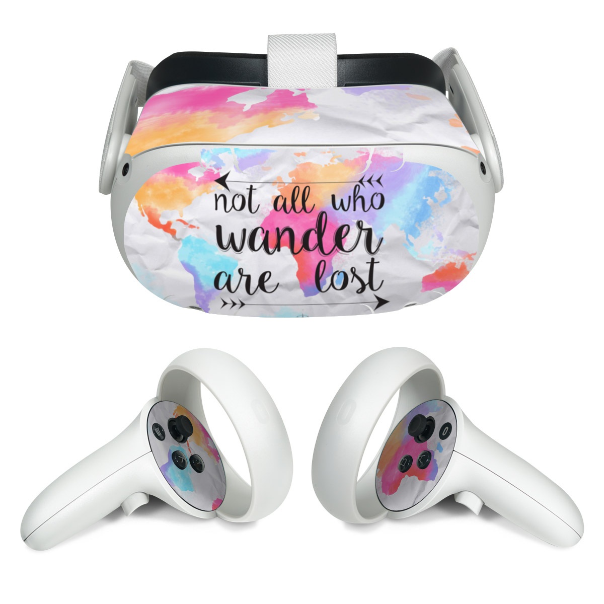 Meta Quest 2 Skin design of Font, Text, Calligraphy, Graphics, with black, white, orange, pink, red, blue, purple, yellow colors