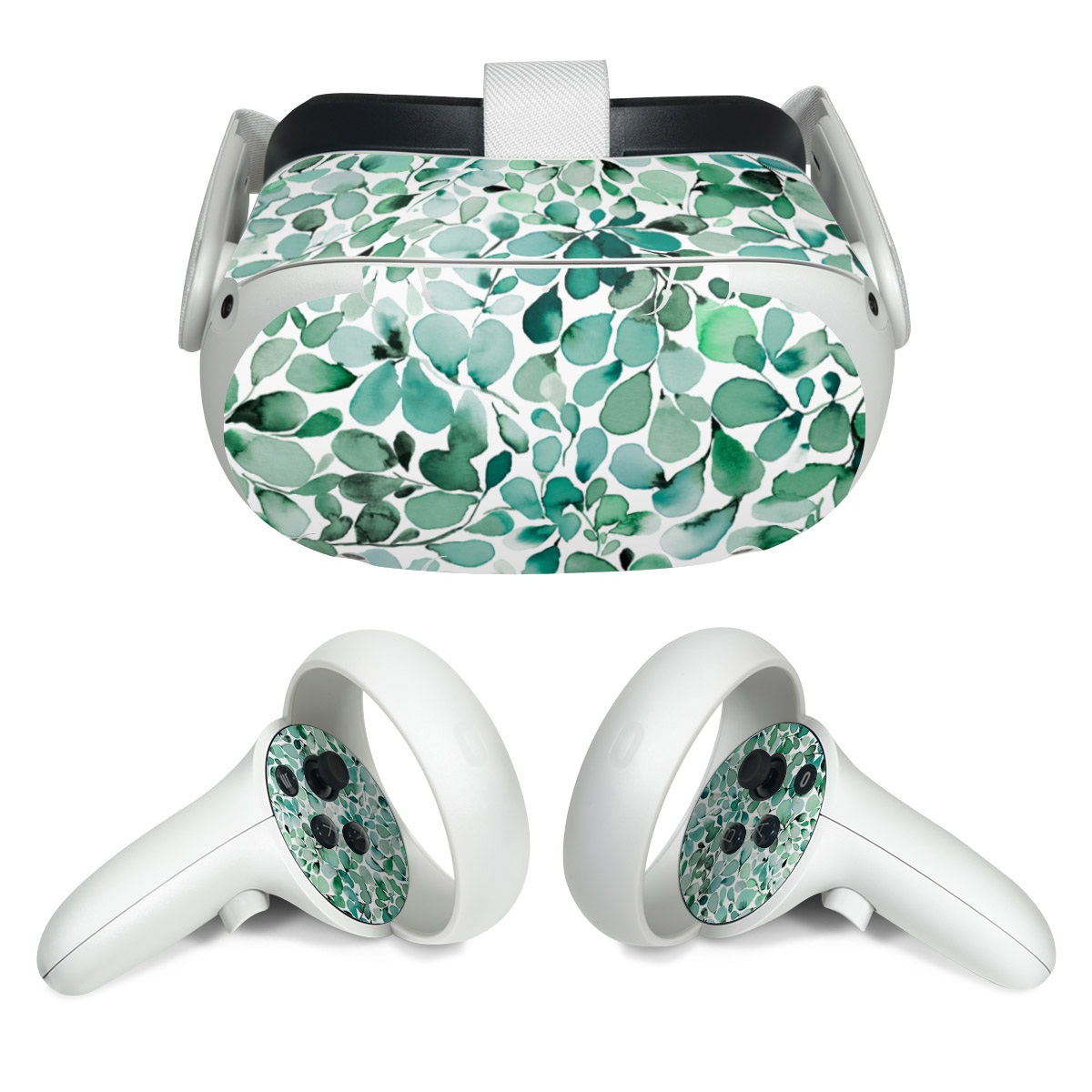 Meta Quest 2 Skin design of Azure, Line, Aqua, Pattern, Art, Symmetry, Electric blue, Circle, Creative arts, Terrestrial plant, with white, green, black colors