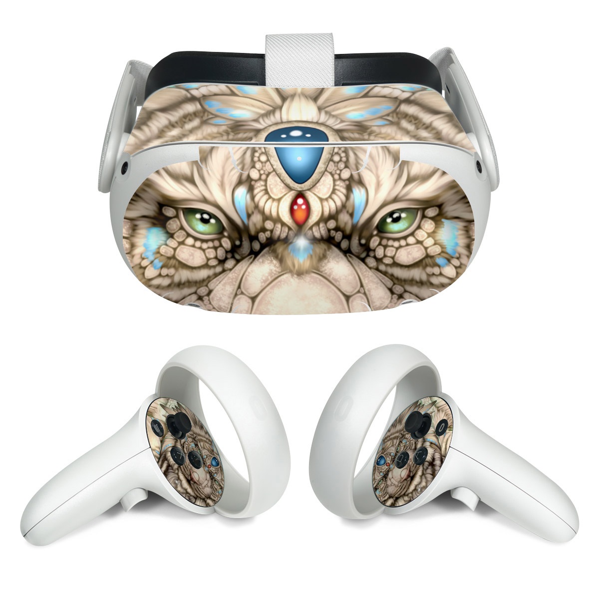 Meta Quest 2 Skin design of Mythical creature, Sleeve, Textile, Gesture, Felidae, Tattoo, Big cats, Font, Temporary tattoo, Painting, with white, blue, black, gray colors