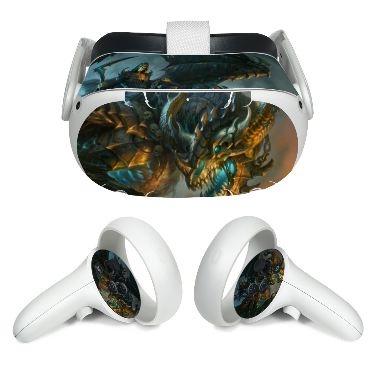 Meta Quest 2 Skin design of Dragon, Cg artwork, Fictional character, Mythical creature, Demon, Mythology, Illustration, Cryptid, Art, with orange, yellow, black, brown, blue, white colors