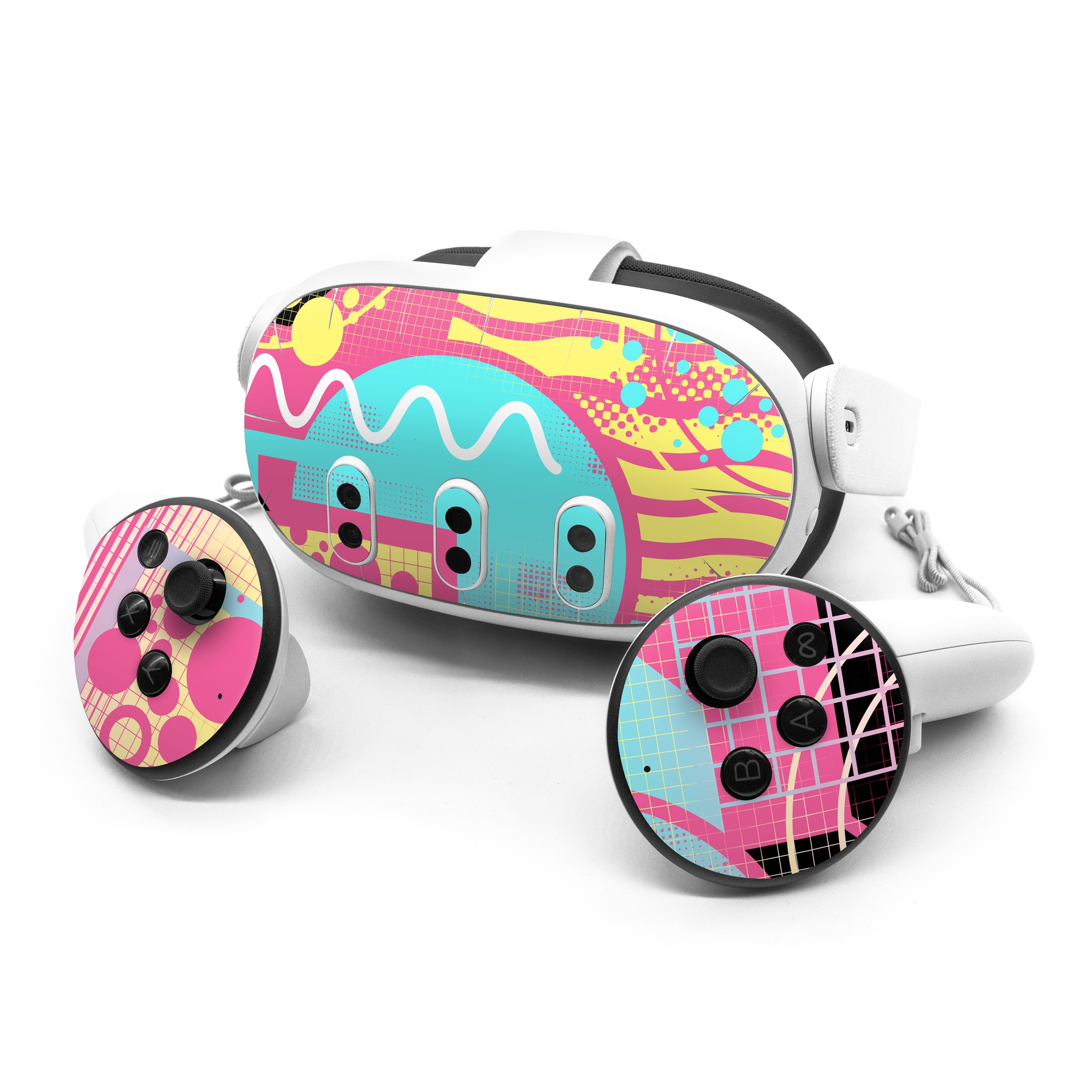 Meta Quest 3 Series Skin design of Textile, Organism, Font, Art, Pink, Rectangle, Line, Aqua, Magenta, Circle, with pink, yellow, blue, black, white colors