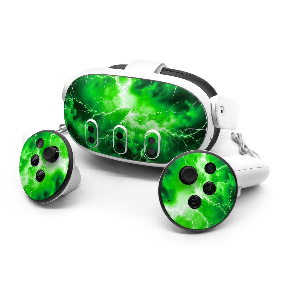 Meta Quest 3 Series Skin design of Water, Atmosphere, Thunder, Light, Green, Sky, Natural environment, Natural landscape, Electricity, Organism, with black, green colors