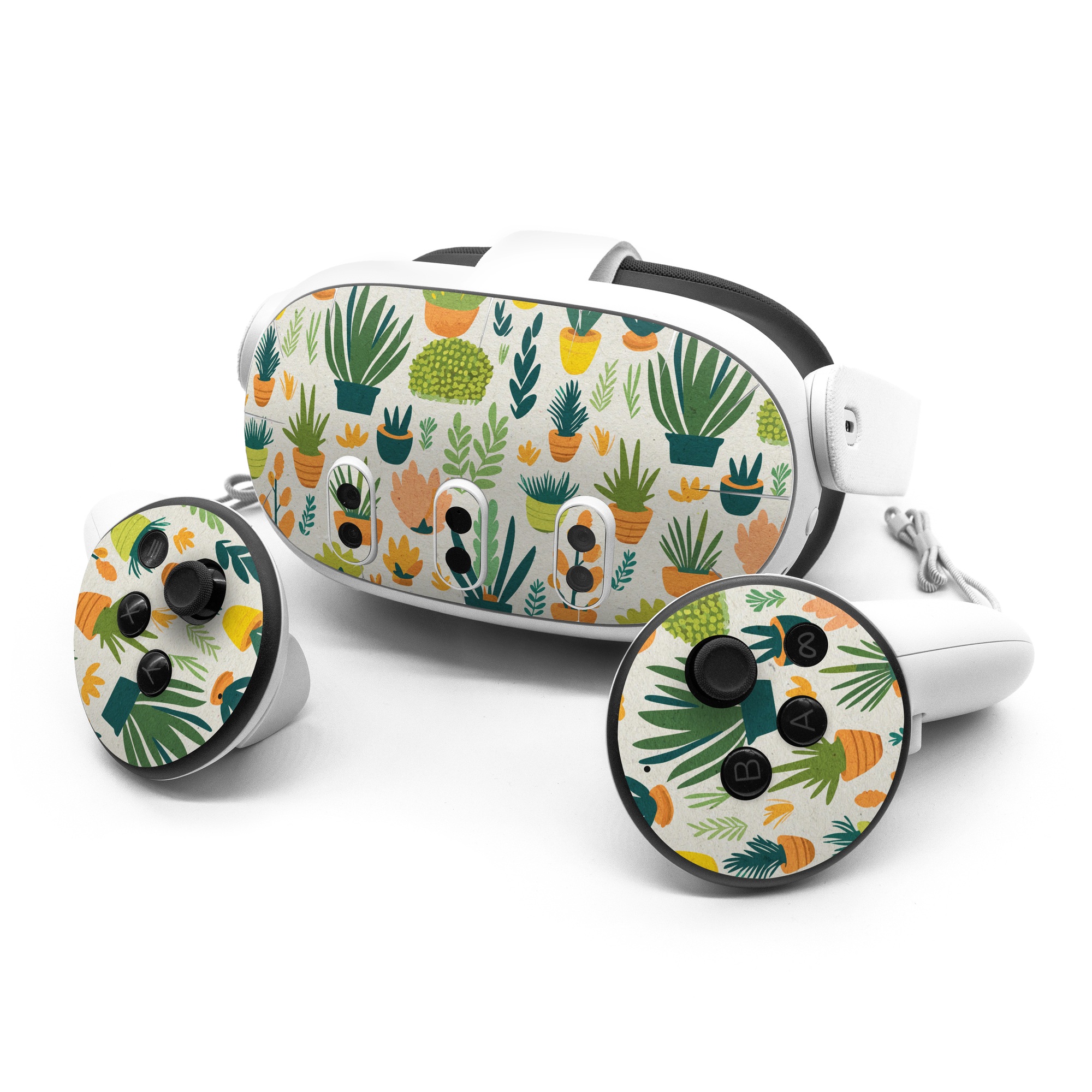 Meta Quest 3 Series Skin design of Flower, Plant, Petal, Textile, Botany, Art, Creative arts, Flowering plant, Porcelain, Groundcover, with white, green, brown, yellow, orange colors