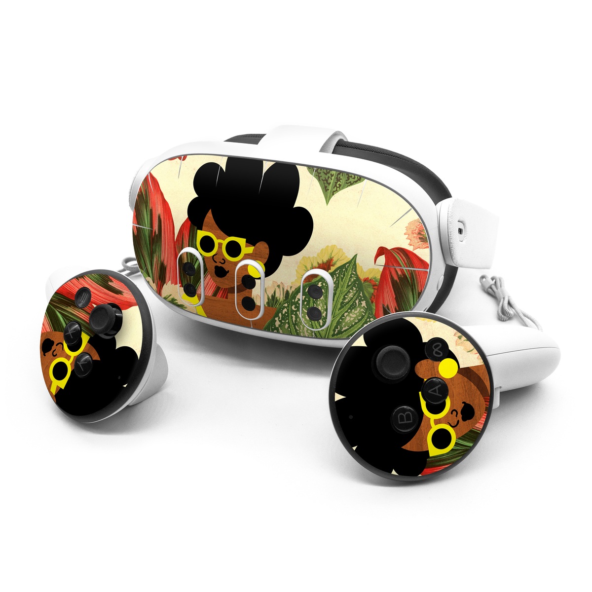 Meta Quest 3 Series Skin design of Illustration, Plant, Botany, Organism, Leaf, Art, Animation, Grass, Flower, Perennial plant, with green, black, brown, yellow, red colors