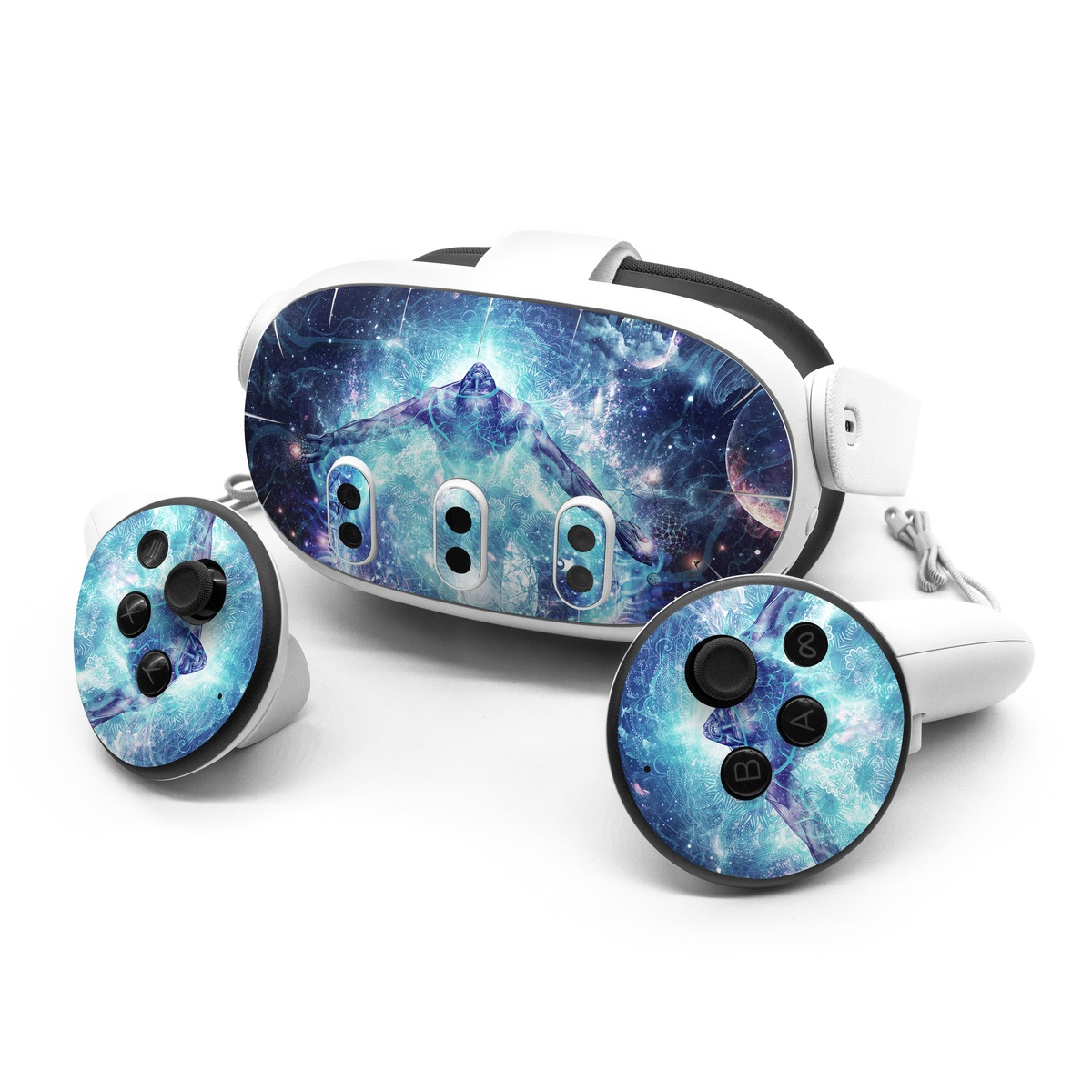 Meta Quest 3 Series Skin design of Outer space, Astronomical object, Universe, Space, Sky, Atmosphere, Fractal art, Nebula, Science, Star, with blue, black, red, yellow, white colors