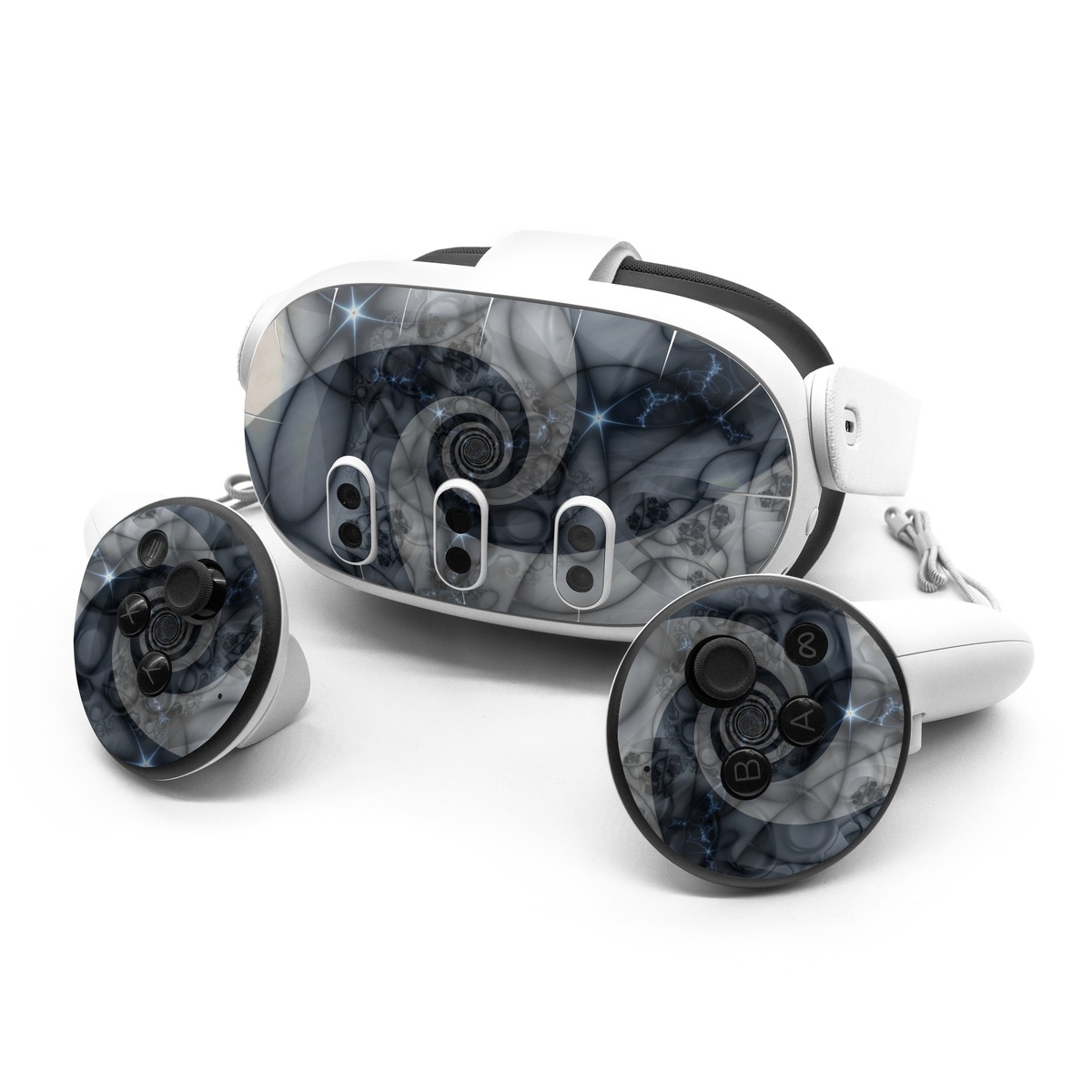 Meta Quest 3 Series Skin design of Eye, Drawing, Black-and-white, Design, Pattern, Art, Tattoo, Illustration, Fractal art, with black, gray colors