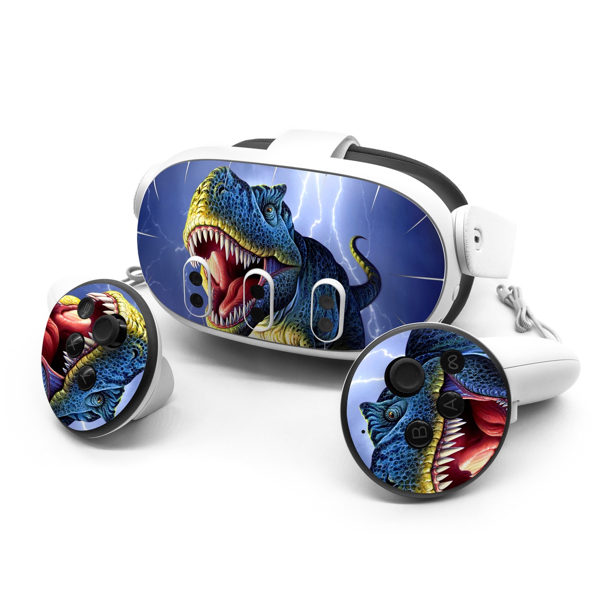 Meta Quest 3 Series Skin design of Dinosaur, Extinction, Tyrannosaurus, Velociraptor, Tooth, Jaw, Organism, Mouth, Fictional character, Art, with blue, green, yellow, orange, red colors