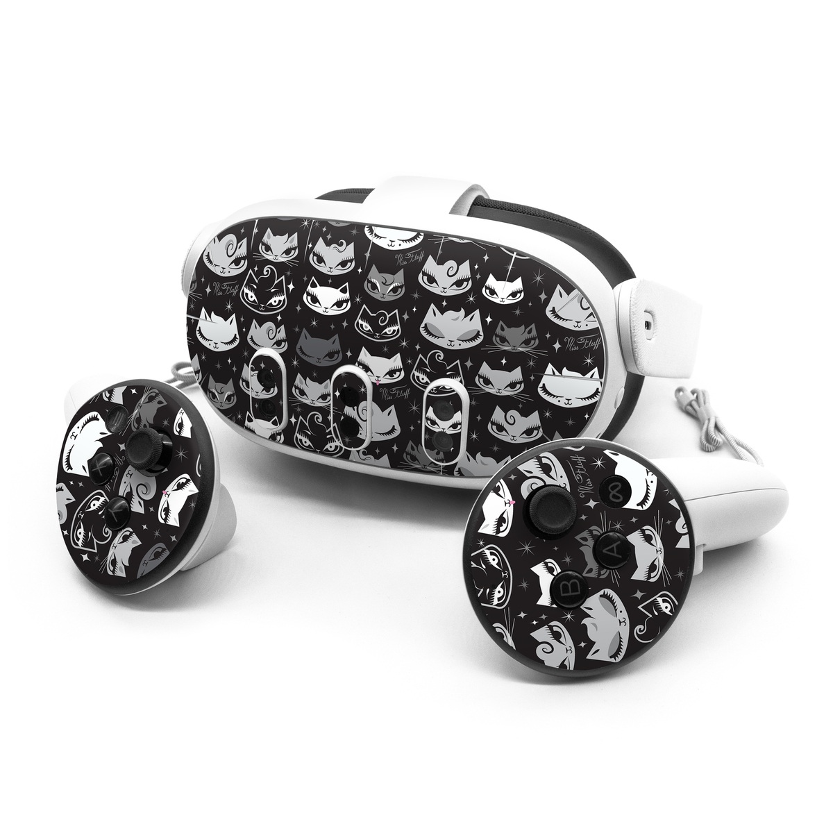 Meta Quest 3 Series Skin design of Pattern, Design, Headgear, Hat, Smile, Team, Crowd, with black, white, gray colors