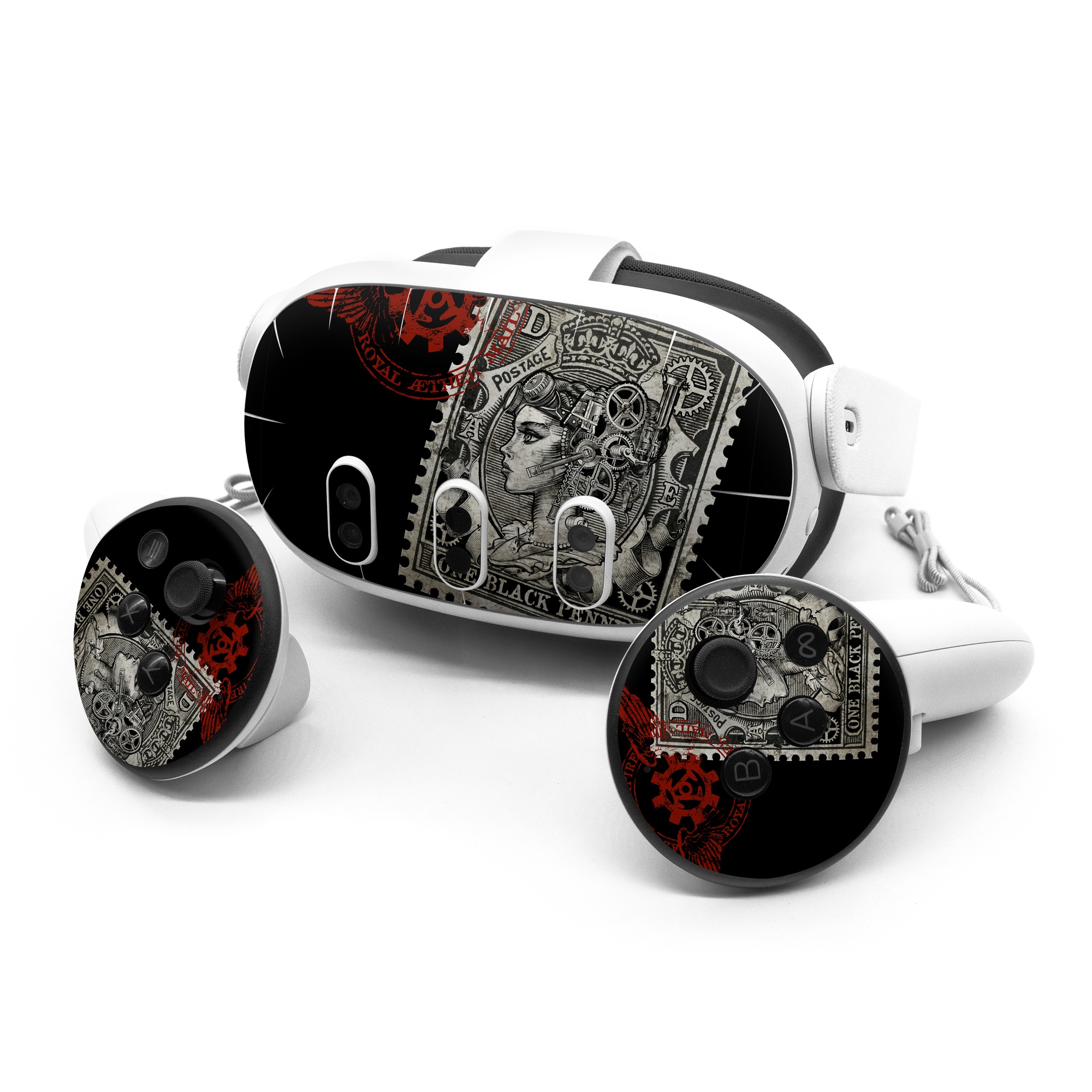 Meta Quest 3 Series Skin design of Font, Postage stamp, Illustration, Drawing, Art, with black, gray, red colors