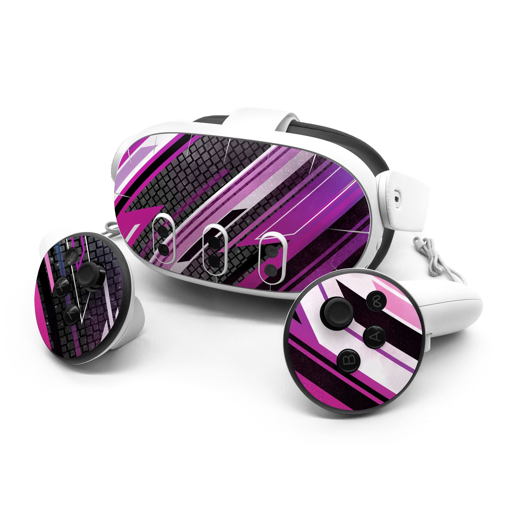 Meta Quest 3 Series Skin design of Automotive lighting, Hood, Grille, Purple, Automotive design, Automotive exterior, Violet, Motor vehicle, Pink, Line, with black, purple, white, gray, pink colors