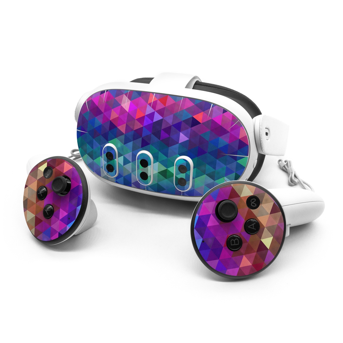 Meta Quest 3 Series Skin design of Purple, Violet, Pattern, Blue, Magenta, Triangle, Line, Design, Graphic design, Symmetry, with blue, purple, green, red, pink colors