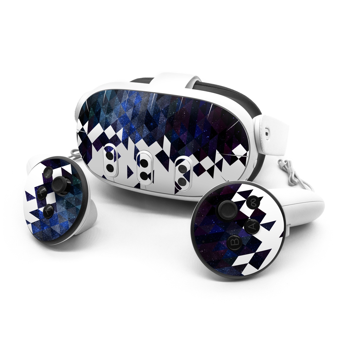 Meta Quest 3 Series Skin design of Text, Pattern, Graphic design, Font, Purple, Design, Line, Triangle, Logo, Graphics, with black, blue, white colors