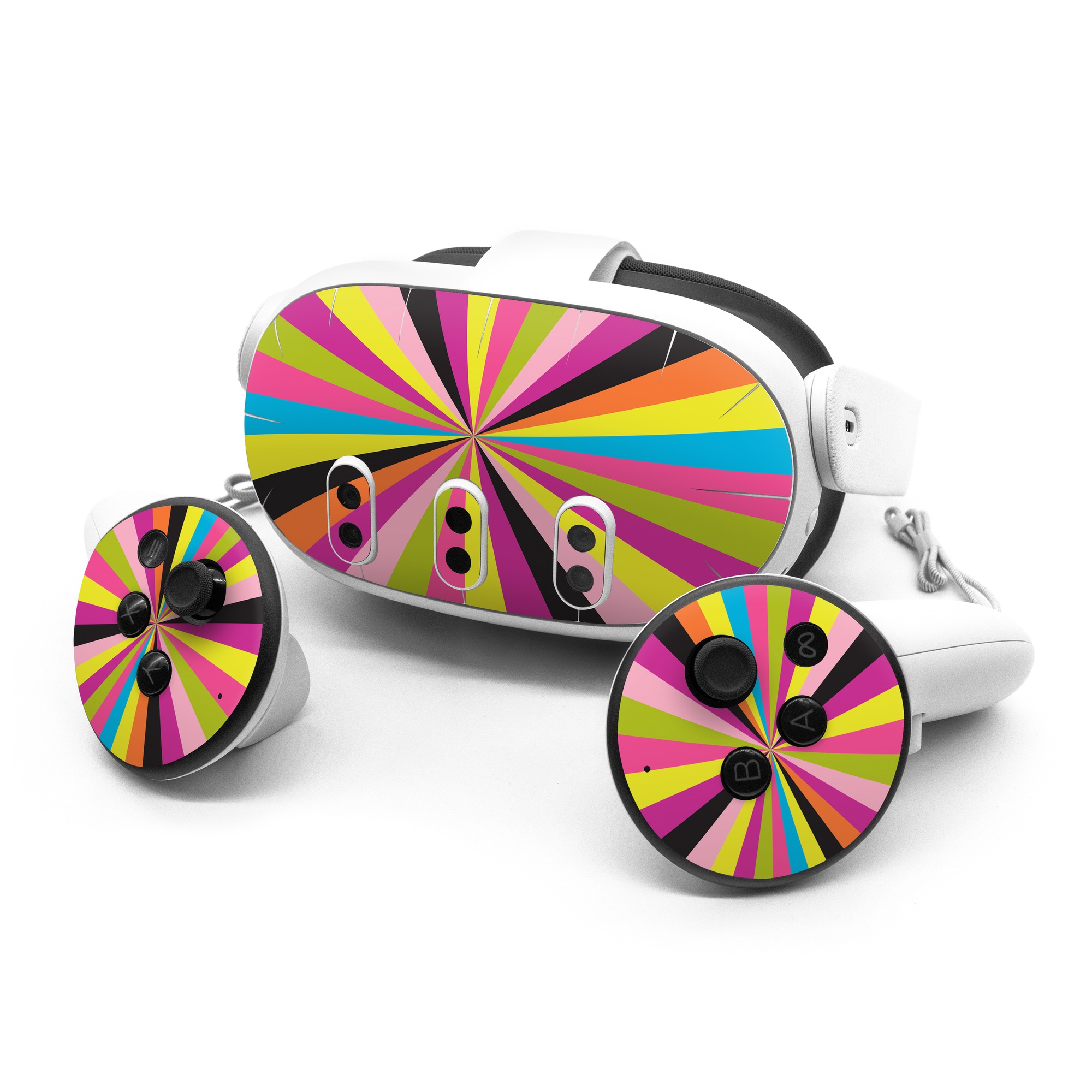 Meta Quest 3 Series Skin design of Colorfulness, Material property, Magenta, Symmetry, Tints and shades, Creative arts, Pattern, Electric blue, Art, Design, with black, pink, yellow, purple, green, blue, orange colors